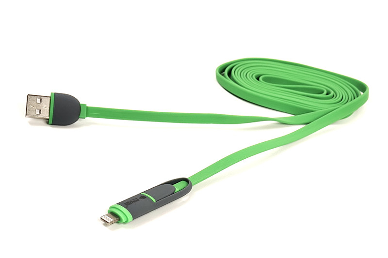 Кабель PowerPlant Quick Charge 2A 2-в-1 flat USB 2.0 AM – Lightning/Micro 2м green