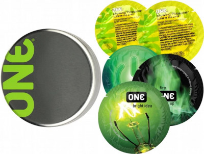 Презервативи One Glowing 5 шт в кейсі, що світяться в темряві