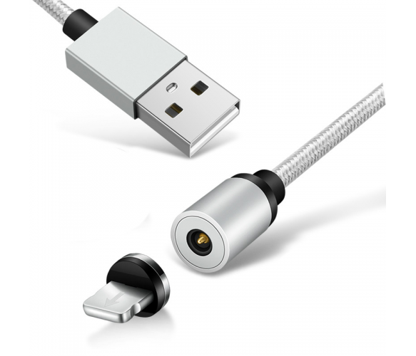 Магнитный кабель Ninja USB 2.0/Lighting, 1m, 2А, индикатор заряда, тканевая оплетка, бронированный, съемник, Silver, Blister-Box