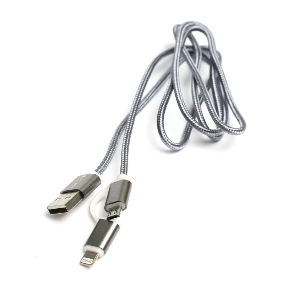 Кабель PowerPlant Quick Charge 2A 2-в-1 cotton USB 2.0 AM – Lightning/Micro 1м grey