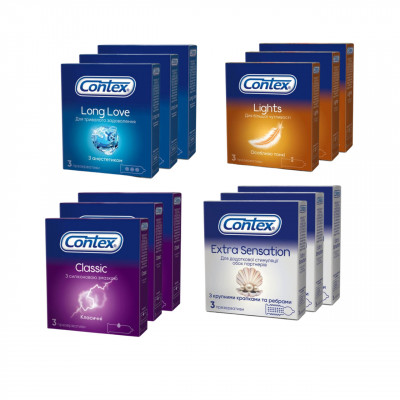 Презервативи CONTEX mix 36 шт.  (12 уп. по 3 шт.)латексні із силіконовим мастилом