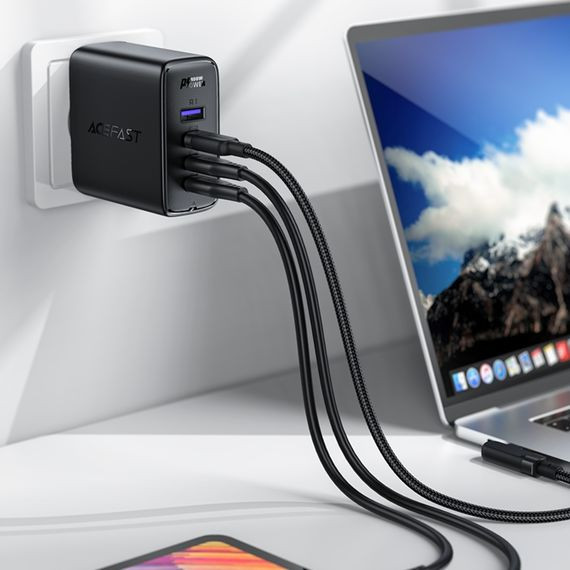 Мережевий зарядний пристрій Acefast A37 USB/ 3 Type-C QC PD 100W чорний + кабель Type-C to Type-C